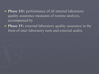 ► Phase

111: performance of all internal laboratory
quality assurance measures of routine analysis,
accompanied by
► Phase 1V: external laboratory quality assurance in the
form of inter laboratory tests and external audits.

 