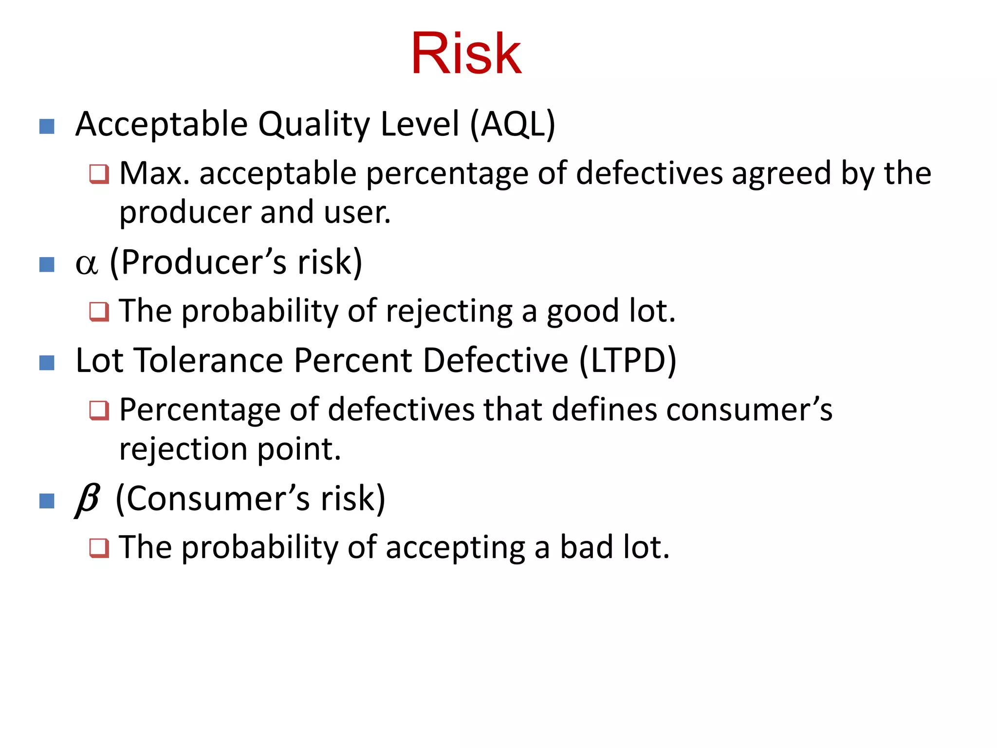 Risk
 Acceptable Quality Level (AQL)
 Max. acceptable percentage of defectives agreed by the
producer and user.
 a (Producer’s risk)
 The probability of rejecting a good lot.
 Lot Tolerance Percent Defective (LTPD)
 Percentage of defectives that defines consumer’s
rejection point.
  (Consumer’s risk)
 The probability of accepting a bad lot.
 