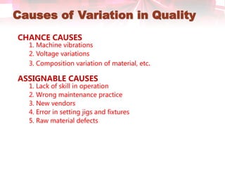 Causes of Variation in Quality
CHANCE CAUSES
1. Machine vibrations
2. Voltage variations
3. Composition variation of material, etc.
ASSIGNABLE CAUSES
1. Lack of skill in operation
2. Wrong maintenance practice
3. New vendors
4. Error in setting jigs and fixtures
5. Raw material defects
 