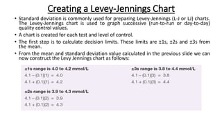 Creating a Levey-Jennings Chart
• Standard deviation is commonly used for preparing Levey-Jennings (L-J or LJ) charts.
The Levey-Jennings chart is used to graph successive (run-to-run or day-to-day)
quality control values.
• A chart is created for each test and level of control.
• The first step is to calculate decision limits. These limits are ±1s, ±2s and ±3s from
the mean.
• From the mean and standard deviation value calculated in the previous slide we can
now construct the Levy Jennings chart as follows:
 