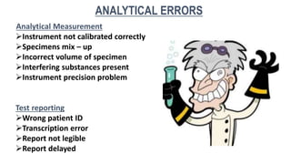 Analytical Measurement
Instrument not calibrated correctly
Specimens mix – up
Incorrect volume of specimen
Interfering substances present
Instrument precision problem
Test reporting
Wrong patient ID
Transcription error
Report not legible
Report delayed
ANALYTICAL ERRORS
 