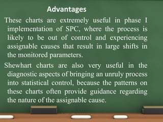 Advantages
These charts are extremely useful in phase I
implementation of SPC, where the process is
likely to be out of control and experiencing
assignable causes that result in large shifts in
the monitored parameters.
Shewhart charts are also very useful in the
diagnostic aspects of bringing an unruly process
into statistical control, because the patterns on
these charts often provide guidance regarding
the nature of the assignable cause.

 