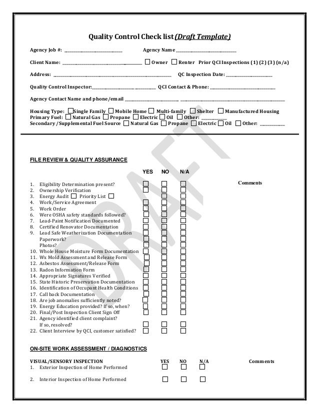 pennsylvania weatherization quality control inspection checklist quality control form template