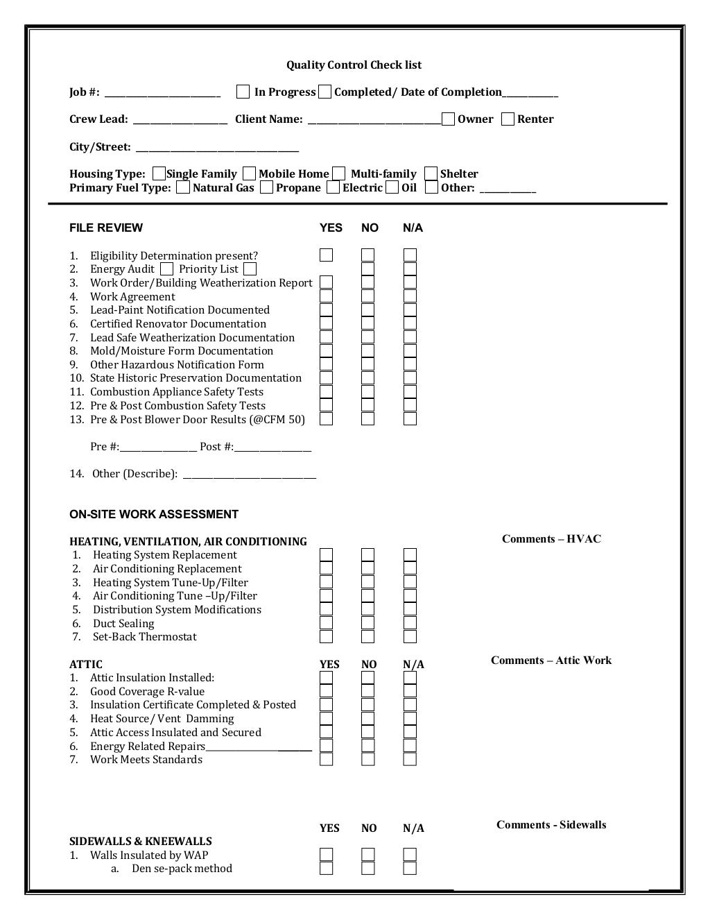WAPTAC Generic Quality Control Inspection Form Resource