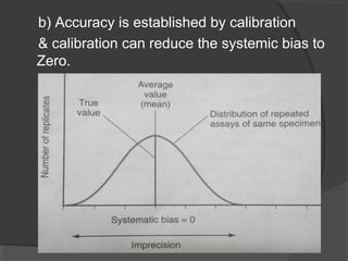 b) Accuracy is established by calibration
& calibration can reduce the systemic bias to
Zero.
 