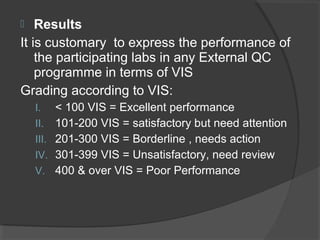  Results
It is customary to express the performance of
the participating labs in any External QC
programme in terms of VIS
Grading according to VIS:
I. < 100 VIS = Excellent performance
II. 101-200 VIS = satisfactory but need attention
III. 201-300 VIS = Borderline , needs action
IV. 301-399 VIS = Unsatisfactory, need review
V. 400 & over VIS = Poor Performance
 