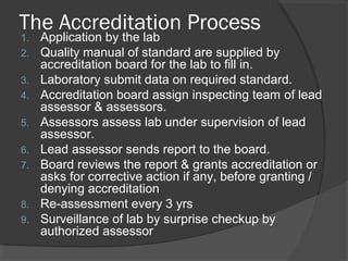 The Accreditation Process
1. Application by the lab
2. Quality manual of standard are supplied by
accreditation board for the lab to fill in.
3. Laboratory submit data on required standard.
4. Accreditation board assign inspecting team of lead
assessor & assessors.
5. Assessors assess lab under supervision of lead
assessor.
6. Lead assessor sends report to the board.
7. Board reviews the report & grants accreditation or
asks for corrective action if any, before granting /
denying accreditation
8. Re-assessment every 3 yrs
9. Surveillance of lab by surprise checkup by
authorized assessor
 
