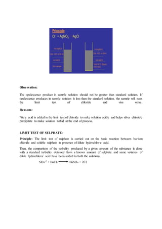 Observation:
The opalescence produce in sample solution should not be greater than standard solution. If
opalescence produces in sample solution is less than the standard solution, the sample will pass
the limit test of chloride and visa versa.
Reasons:
Nitric acid is added in the limit test of chloride to make solution acidic and helps silver chloride
precipitate to make solution turbid at the end of process.
LIMIT TEST OF SULPHATE:
Principle: The limit test of sulphate is carried out on the basic reaction between barium
chloride and soluble sulphate in presence of dilute hydrochloric acid.
Then, the comparison of the turbidity produced by a given amount of the substance is done
with a standard turbidity obtained from a known amount of sulphate and same volumes of
dilute hydrochloric acid have been added to both the solutions.
SO4
-2 + BaCl2 BaSO4 + 2Cl
 