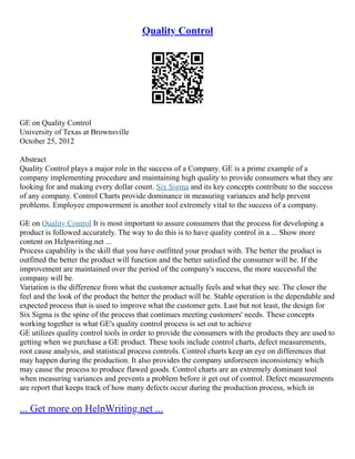 Quality Control Citations Quality Control Essay | PDF