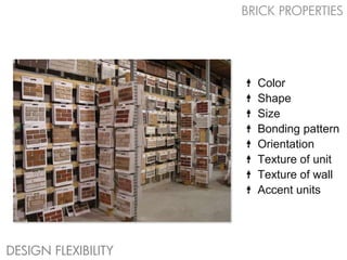 BRICK PROPERTIES




                       Color
                       Shape
                       Size
                       Bonding pattern
                       Orientation
                       Texture of unit
                       Texture of wall
                       Accent units




DESIGN FLEXIBILITY
 