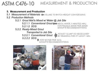 ASTM C476-10                   MEASUREMENT & PRODUCTION

 5. Measurement and Production
 5.1 Measurement of Materials     Volume to batch weight conversions
 5.2 Production Methods
        5.2.1 Grout Mat’ls Mixed w/ Water @ Job Site
              5.2.1.1 Conventional Grout     mech. Mixer, 5 minutes min.;
              5.2.1.2 SCG                    continuous mixer per mixer
                                             manuf’r recommendations
        5.2.2 Ready-Mixed Grout
                  Transported to Job Site
                                             adjust slump as necessary
              5.2.2.1 Conventional Grout     by remixing for at least 1 min.
              5.2.2.2 SCG
                              add water per scg
                             Manuf'r recommendations
 