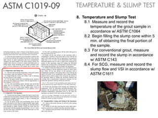 ASTM C1019-09   TEMPERATURE & SLUMP TEST
                8. Temperature and Slump Test
                    8.1 Measure and record the
                       temperature of the grout sample in
                       accordance w/ ASTM C1064
                    8.2 Begin filling the slump cone within 5
                       min. of obtaining the final portion of
                       the sample.
                    8.3 For conventional grout, measure
                       and record the slump in accordance
                       w/ ASTM C143
                    8.4 For SCG, measure and record the
                       slump flow and VSI in accordance w/
                       ASTM C1611
 