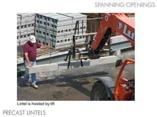 SPANNING OPENINGS




     Lintel is hoisted by lift

PRECAST LINTELS
 