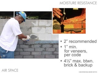 MOISTURE RESISTANCE




             2” recommended
             1” min.
              for veneers,
              per code
             4½” max. btwn.
              brick & backup
AIR SPACE            © 2009 INTERNATIONAL MASONRY INSTITUTE
 