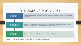 THERMAL SHOCK TEST
STEP 3 the amount of thermal shock a bottle can withstand is based on construction.
STEP 2 transfer the container in cold water bath temp. Should be controlled. Examine cracks
before and after test (45 C temp. Difference should be there)
STEP 1 place sample container in upright position in tray and immersed tray in hot water for a
given time.
Small bottle – 60 to 80 C and for pint bottle – 30 to 40 C
 