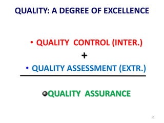 • QUALITY ASSESSMENT (EXTR.)
QUALITY: A DEGREE OF EXCELLENCE
• QUALITY CONTROL (INTER.)
+
QUALITY ASSURANCE
20
 