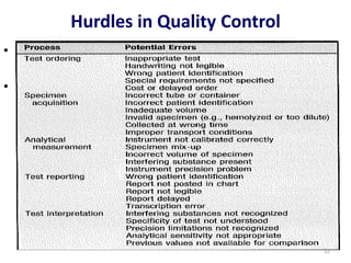 Hurdles in Quality Control
• Accurate & timely test report are the responsibility of the
laboratory
• Total testing process must be managed properly in the
preanalytical, analytical, and postanalytical places
32
 