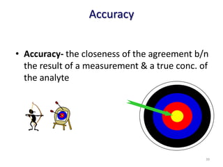 Accuracy
• Accuracy- the closeness of the agreement b/n
the result of a measurement & a true conc. of
the analyte
39
 