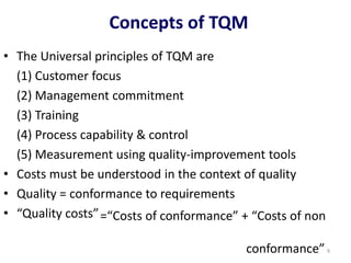 • The Universal principles of TQM are
(1) Customer focus
(2) Management commitment
(3) Training
(4) Process capability & control
(5) Measurement using quality-improvement tools
• Costs must be understood in the context of quality
• Quality = conformance to requirements
• “Quality costs”
Concepts of TQM
9
=“Costs of conformance” + “Costs of non
conformance”
 