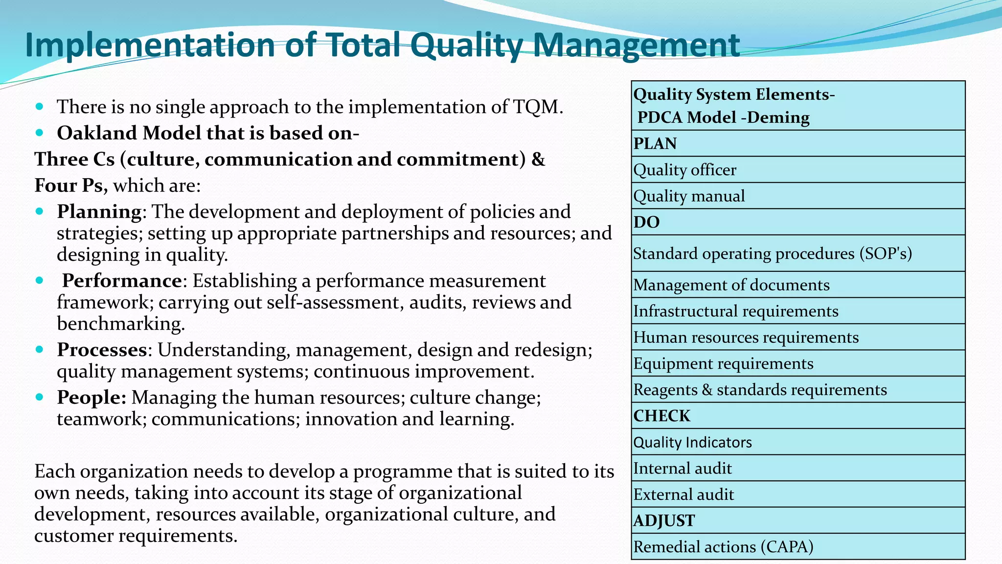 Implementation of Total Quality Management
 There is no single approach to the implementation of TQM.
 Oakland Model that is based on-
Three Cs (culture, communication and commitment) &
Four Ps, which are:
 Planning: The development and deployment of policies and
strategies; setting up appropriate partnerships and resources; and
designing in quality.
 Performance: Establishing a performance measurement
framework; carrying out self-assessment, audits, reviews and
benchmarking.
 Processes: Understanding, management, design and redesign;
quality management systems; continuous improvement.
 People: Managing the human resources; culture change;
teamwork; communications; innovation and learning.
Each organization needs to develop a programme that is suited to its
own needs, taking into account its stage of organizational
development, resources available, organizational culture, and
customer requirements.
Quality System Elements-
PDCA Model -Deming
PLAN
Quality officer
Quality manual
DO
Standard operating procedures (SOP's)
Management of documents
Infrastructural requirements
Human resources requirements
Equipment requirements
Reagents & standards requirements
CHECK
Quality Indicators
Internal audit
External audit
ADJUST
Remedial actions (CAPA)
 
