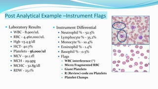 Post Analytical Example –Instrument Flags
 Laboratory Results
 WBC - 8,900/uL
 RBC - 4,460,000/uL
 Hgb -13.4 g/dl
 HCT- 40.7%
 Platelets - 56,000/ul
 MCV - 91.1.1fl
 MCH - 29.9pg
 MCHC - 32.8g/dl
 RDW - 23.1%
 Instrument Differential
 Neutrophil % - 52.5%
 Lymphocyte % - 35.2%
 Monocyte % - 10.4%
 Eosinophil % - 1.4%
 Basophil % - 0.5%
 Flags
 WBC interference (*)
 Micro/Fragmented RBC
 Giant Platelets
 R (Review)-code on Platelets
 Platelet Clumps
 