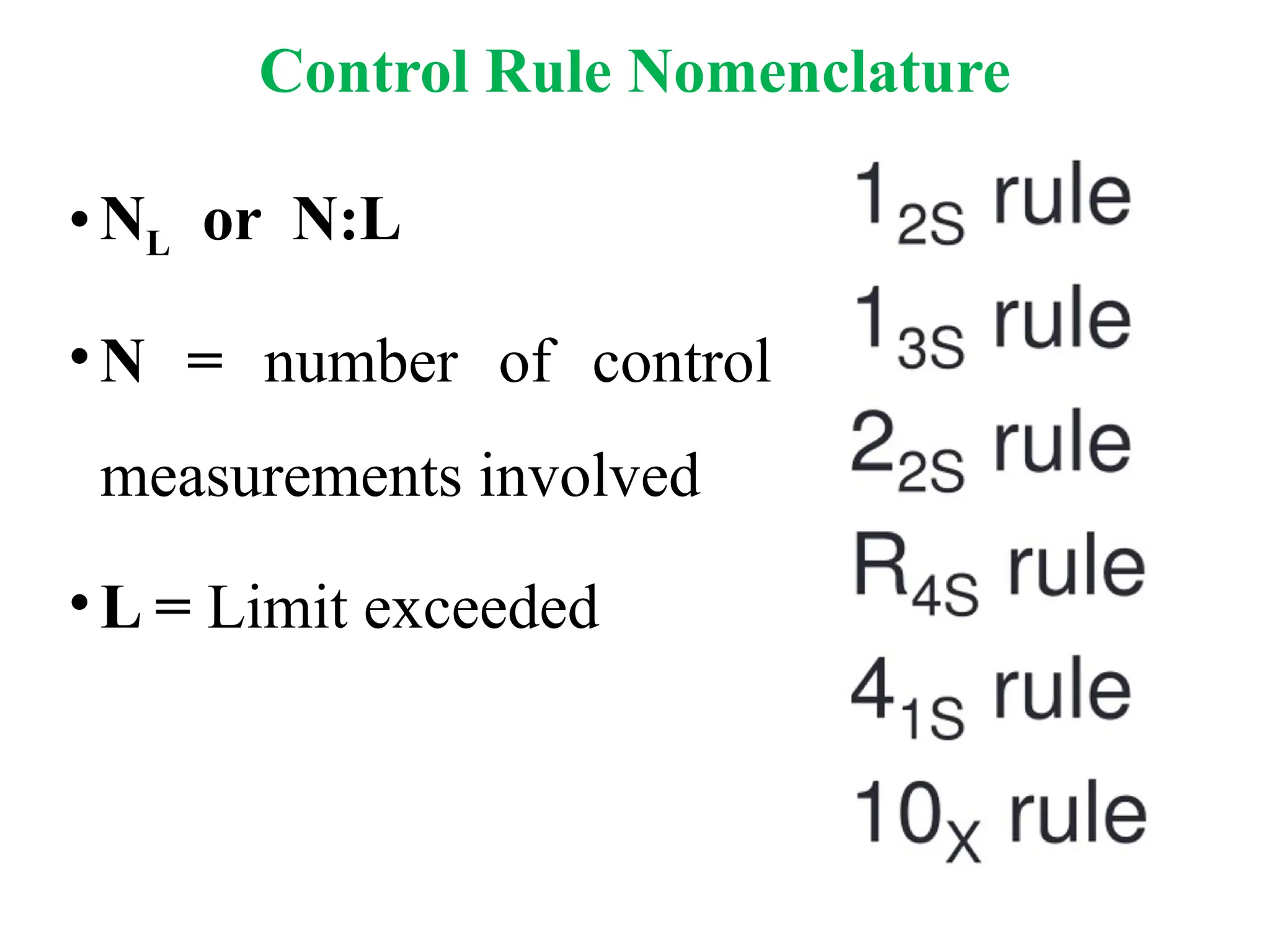 Control Rule Nomenclature
•NL or N:L
•N = number of control
measurements involved
•L = Limit exceeded
 