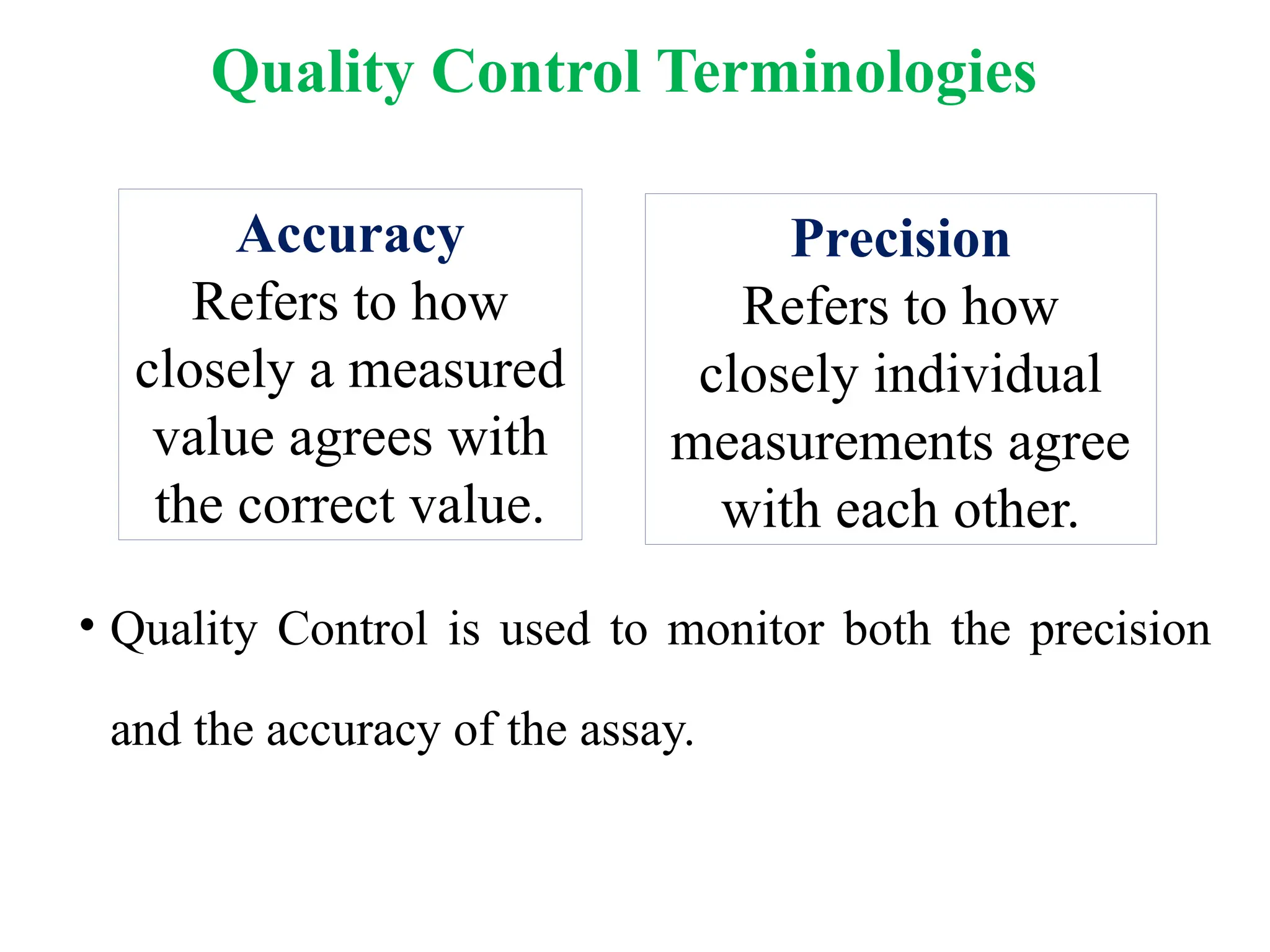 Quality Control Terminologies
• Quality Control is used to monitor both the precision
and the accuracy of the assay.
Accuracy
Refers to how
closely a measured
value agrees with
the correct value.
Precision
Refers to how
closely individual
measurements agree
with each other.
 
