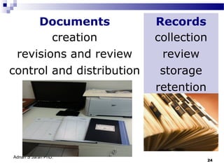 Documents
creation
revisions and review
control and distribution

Adnan S Jaran PhD.

Records
collection
review
storage
retention

24

 