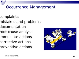 Occurrence Management

complaints
mistakes and problems
documentation
root cause analysis
immediate actions
corrective actions
preventive actions
Adnan S Jaran PhD.

25

 