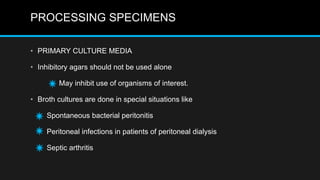PROCESSING SPECIMENS
• PRIMARY CULTURE MEDIA
• Inhibitory agars should not be used alone
May inhibit use of organisms of interest.
• Broth cultures are done in special situations like
Spontaneous bacterial peritonitis
Peritoneal infections in patients of peritoneal dialysis
Septic arthritis
 
