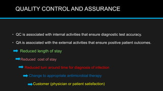QUALITY CONTROL AND ASSURANCE
• QC is associated with internal activities that ensure diagnostic test accuracy.
• QA is associated with the external activities that ensure positive patient outcomes.
Reduced length of stay
Reduced cost of stay
Reduced turn around time for diagnosis of infection
Change to appropriate antimicrobial therapy
Customer (physician or patient satisfaction)
 
