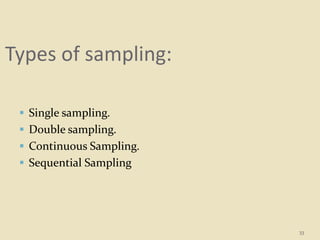 Types of sampling:
 Single sampling.
 Double sampling.
 Continuous Sampling.
 Sequential Sampling
33
 
