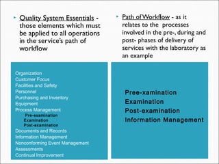  
Organization
Customer Focus
Facilities and Safety
Personnel
Purchasing and Inventory
Equipment
Process Management
 Pre-examination
Examination
Post-examination
Documents and Records
Information Management
Nonconforming Event Management
Assessments
Continual Improvement
Pree-xamination
Examination
Post-examination
Information Management
 Quality System Essentials -
those elements which must
be applied to all operations
in the service’s path of
workflow
 Path of Workflow - as it
relates to the processes
involved in the pre-, during and
post- phases of delivery of
services with the laboratory as
an example
 
