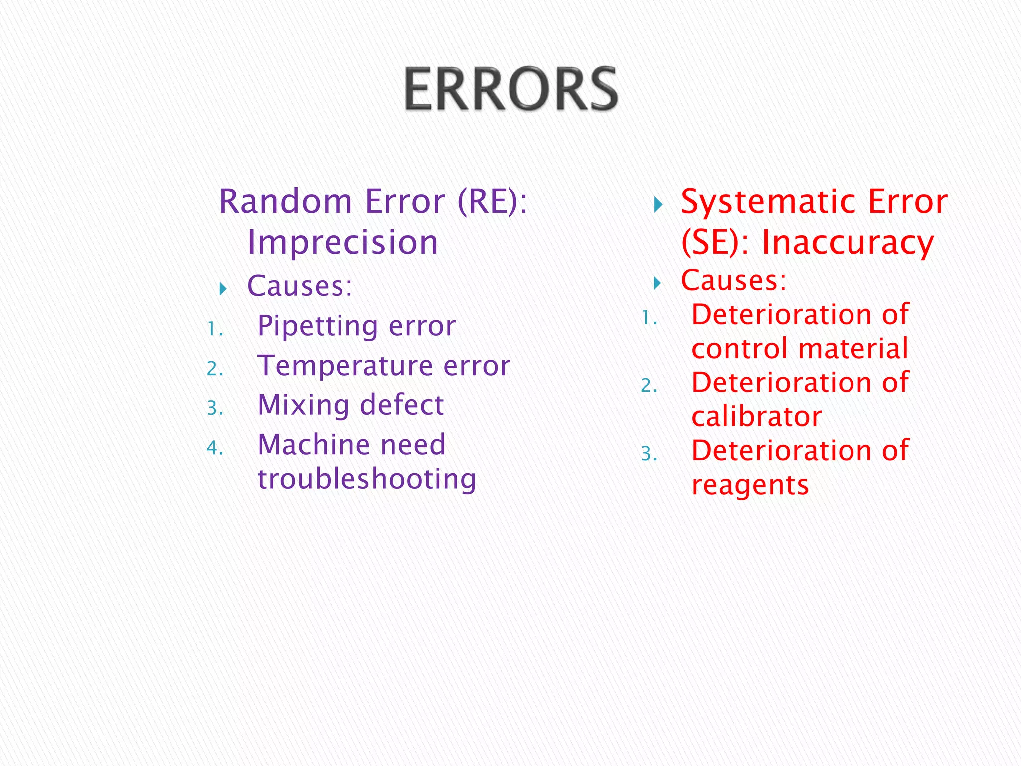 Random Error (RE):
Imprecision
 Causes:
1. Pipetting error
2. Temperature error
3. Mixing defect
4. Machine need
troubleshooting
 Systematic Error
(SE): Inaccuracy
 Causes:
1. Deterioration of
control material
2. Deterioration of
calibrator
3. Deterioration of
reagents
 