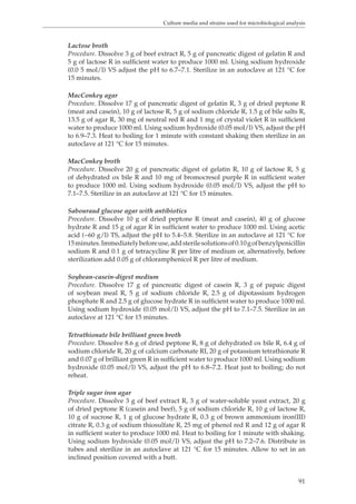 Culture media and strains used for microbiological analysis 
Lactose broth 
Procedure. Dissolve 3 g of beef extract R, 5 g of pancreatic digest of gelatin R and 
5 g of lactose R in sufficient water to produce 1000 ml. Using sodium hydroxide 
(0.0 5 mol/l) VS adjust the pH to 6.7–7.1. Sterilize in an autoclave at 121 °C for 
15 minutes. 
MacConkey agar 
Procedure. Dissolve 17 g of pancreatic digest of gelatin R, 3 g of dried peptone R 
(meat and casein), 10 g of lactose R, 5 g of sodium chloride R, 1.5 g of bile salts R, 
13.5 g of agar R, 30 mg of neutral red R and 1 mg of crystal violet R in sufficient 
water to produce 1000 ml. Using sodium hydroxide (0.05 mol/l) VS, adjust the pH 
to 6.9–7.3. Heat to boiling for 1 minute with constant shaking then sterilize in an 
autoclave at 121 °C for 15 minutes. 
MacConkey broth 
Procedure. Dissolve 20 g of pancreatic digest of gelatin R, 10 g of lactose R, 5 g 
of dehydrated ox bile R and 10 mg of bromocresol purple R in sufficient water 
to produce 1000 ml. Using sodium hydroxide (0.05 mol/l) VS, adjust the pH to 
7.1–7.5. Sterilize in an autoclave at 121 °C for 15 minutes. 
Sabouraud glucose agar with antibiotics 
Procedure. Dissolve 10 g of dried peptone R (meat and casein), 40 g of glucose 
hydrate R and 15 g of agar R in sufficient water to produce 1000 ml. Using acetic 
acid (~60 g/l) TS, adjust the pH to 5.4–5.8. Sterilize in an autoclave at 121 °C for 
15 minutes. Immediately before use, add sterile solutions of 0.10 g of benzylpenicillin 
sodium R and 0.1 g of tetracycline R per litre of medium or, alternatively, before 
sterilization add 0.05 g of chloramphenicol R per litre of medium. 
Soybean-casein-digest medium 
Procedure. Dissolve 17 g of pancreatic digest of casein R, 3 g of papaic digest 
of soybean meal R, 5 g of sodium chloride R, 2.5 g of dipotassium hydrogen 
phosphate R and 2.5 g of glucose hydrate R in sufficient water to produce 1000 ml. 
Using sodium hydroxide (0.05 mol/l) VS, adjust the pH to 7.1–7.5. Sterilize in an 
autoclave at 121 °C for 15 minutes. 
Tetrathionate bile brilliant green broth 
Procedure. Dissolve 8.6 g of dried peptone R, 8 g of dehydrated ox bile R, 6.4 g of 
sodium chloride R, 20 g of calcium carbonate RI, 20 g of potassium tetrathionate R 
and 0.07 g of brilliant green R in sufficient water to produce 1000 ml. Using sodium 
hydroxide (0.05 mol/l) VS, adjust the pH to 6.8–7.2. Heat just to boiling; do not 
reheat. 
Triple sugar iron agar 
Procedure. Dissolve 3 g of beef extract R, 3 g of water-soluble yeast extract, 20 g 
of dried peptone R (casein and beef), 5 g of sodium chloride R, 10 g of lactose R, 
10 g of sucrose R, 1 g of glucose hydrate R, 0.3 g of brown ammonium iron(III) 
citrate R, 0.3 g of sodium thiosulfate R, 25 mg of phenol red R and 12 g of agar R 
in sufficient water to produce 1000 ml. Heat to boiling for 1 minute with shaking. 
Using sodium hydroxide (0.05 mol/l) VS, adjust the pH to 7.2–7.6. Distribute in 
tubes and sterilize in an autoclave at 121 °C for 15 minutes. Allow to set in an 
inclined position covered with a butt. 
91 
 
