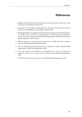 References 
References 
1. Quality control methods. In: Remington: the science and practice of pharmacy, 19th 
125 
ed. Easton, PA, MACK, 1995:118–119. 
2. Lachman L et al. Quality control charts. In: The theory and practice of industrial 
pharmacy. Philadelphia, Lea  Febiger, 1986:817–824. 
3. WHO guidelines for sampling of pharmaceutical products and related materials. 
In: WHO Expert Committee on Specifications for Pharmaceutical Preparations. 
Thirty-ninth report. Geneva, World Health Organization, 2005 (WHO Technical 
Report Series, No. 929) Annex 4. 
4. WHO guidelines for Good Manufacturing Practices (GMP) for herbal medicines. 
Geneva, World Health Organization, 2007. 
5. The international pharmacopoeia, 4th ed. Vol. 1 and Vol. 2. Geneva, World Health 
Organization, 2006; First supplement, 2008. 
6. Lowe DA. Guide to international recommendations on names and symbols for 
quantities and on units of measurement. Geneva, World Health Organization, 
1975. 
7. The SI for the health professions. Geneva, World Health Organization, 1977. 
 