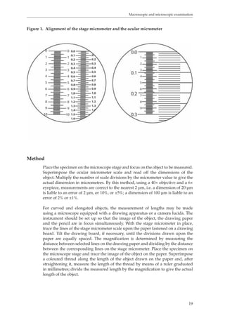 Macroscopic and microscopic examination 
19 
Figure 1. Alignment of the stage micrometer and the ocular micrometer 
Method 
Place the specimen on the microscope stage and focus on the object to be measured. 
Superimpose the ocular micrometer scale and read off the dimensions of the 
object. Multiply the number of scale divisions by the micrometer value to give the 
actual dimension in micrometres. By this method, using a 40× objective and a 6× 
eyepiece, measurements are correct to the nearest 2 μm, i.e. a dimension of 20 μm 
is liable to an error of 2 μm, or 10%, or ±5%; a dimension of 100 μm is liable to an 
error of 2% or ±1%. 
For curved and elongated objects, the measurement of lengths may be made 
using a microscope equipped with a drawing apparatus or a camera lucida. The 
instrument should be set up so that the image of the object, the drawing paper 
and the pencil are in focus simultaneously. With the stage micrometer in place, 
trace the lines of the stage micrometer scale upon the paper fastened on a drawing 
board. Tilt the drawing board, if necessary, until the divisions drawn upon the 
paper are equally spaced. The magnification is determined by measuring the 
distance between selected lines on the drawing paper and dividing by the distance 
between the corresponding lines on the stage micrometer. Place the specimen on 
the microscope stage and trace the image of the object on the paper. Superimpose 
a coloured thread along the length of the object drawn on the paper and, after 
straightening it, measure the length of the thread by means of a ruler graduated 
in millimetres; divide the measured length by the magnification to give the actual 
length of the object. 
 