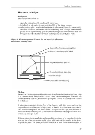 Thin-layer chromatography 
27 
Horizontal technique 
Equipment 
The equipment consists of: 
— specially made plates 50 mm long, 50 mm wide; 
— 0.5-μl or 1-μl micropipettes, accurate to ±10% of the stated volume; 
— a chromatographic chamber for horizontal development (Figure 3); commercially 
available chambers consist of a solvent-proof body with a trough for the mobile 
phase and a tightly fitting glass lid; the mobile phase is transferred from the 
trough to the adsorbent layer via an exchangeable sintered-glass plate. 
Figure 3. Chromatographic chamber for horizontal development 
(horizontal cross-section) 
Method 
Protect the chromatographic chamber from draughts and direct sunlight, and keep 
it at constant room temperature. Place a clean, dry sintered-glass plate into the 
chamber (After each use, the sintered-glass plate should be cleaned with acetone 
R and dried). 
If saturation is required, line the floor of the chamber with filter paper and pour the 
required quantity of saturation liquid onto it. Should more intensive saturation of 
the chamber be required, use, in addition, a ready-made silica gel plate, cut to size, 
and saturated with the liquid. As an alternative a sandwich-type plate can be used 
with a dry silica gel plate. 
Using a micropipette, apply the volumes of the solutions to be examined onto the 
starting line of the chromatographic plate, which should be parallel to the lower 
edge of the plate. The spots produced should be at least 7 mm from the sides of 
 