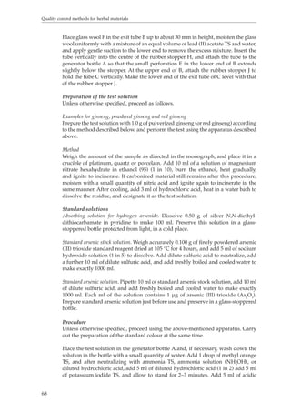 Quality control methods for herbal materials 
68 
Place glass wool F in the exit tube B up to about 30 mm in height, moisten the glass 
wool uniformly with a mixture of an equal volume of lead (II) acetate TS and water, 
and apply gentle suction to the lower end to remove the excess mixture. Insert the 
tube vertically into the centre of the rubber stopper H, and attach the tube to the 
generator bottle A so that the small perforation E in the lower end of B extends 
slightly below the stopper. At the upper end of B, attach the rubber stopper J to 
hold the tube C vertically. Make the lower end of the exit tube of C level with that 
of the rubber stopper J. 
Preparation of the test solution 
Unless otherwise specified, proceed as follows. 
Examples for ginseng, powdered ginseng and red ginseng 
Prepare the test solution with 1.0 g of pulverized ginseng (or red ginseng) according 
to the method described below, and perform the test using the apparatus described 
above. 
Method 
Weigh the amount of the sample as directed in the monograph, and place it in a 
crucible of platinum, quartz or porcelain. Add 10 ml of a solution of magnesium 
nitrate hexahydrate in ethanol (95) (1 in 10), burn the ethanol, heat gradually, 
and ignite to incinerate. If carbonized material still remains after this procedure, 
moisten with a small quantity of nitric acid and ignite again to incinerate in the 
same manner. After cooling, add 3 ml of hydrochloric acid, heat in a water bath to 
dissolve the residue, and designate it as the test solution. 
Standard solutions 
Absorbing solution for hydrogen arsenide. Dissolve 0.50 g of silver N,N-diethyl-dithiocarbamate 
in pyridine to make 100 ml. Preserve this solution in a glass-stoppered 
bottle protected from light, in a cold place. 
Standard arsenic stock solution. Weigh accurately 0.100 g of finely powdered arsenic 
(III) trioxide standard reagent dried at 105 °C for 4 hours, and add 5 ml of sodium 
hydroxide solution (1 in 5) to dissolve. Add dilute sulfuric acid to neutralize, add 
a further 10 ml of dilute sulfuric acid, and add freshly boiled and cooled water to 
make exactly 1000 ml. 
Standard arsenic solution. Pipette 10 ml of standard arsenic stock solution, add 10 ml 
of dilute sulfuric acid, and add freshly boiled and cooled water to make exactly 
1000 ml. Each ml of the solution contains 1 μg of arsenic (III) trioxide (As2O3). 
Prepare standard arsenic solution just before use and preserve in a glass-stoppered 
bottle. 
Procedure 
Unless otherwise specified, proceed using the above-mentioned apparatus. Carry 
out the preparation of the standard colour at the same time. 
Place the test solution in the generator bottle A and, if necessary, wash down the 
solution in the bottle with a small quantity of water. Add 1 drop of methyl orange 
TS, and after neutralizing with ammonia TS, ammonia solution (NH4OH), or 
diluted hydrochloric acid, add 5 ml of diluted hydrochloric acid (1 in 2) add 5 ml 
of potassium iodide TS, and allow to stand for 2–3 minutes. Add 5 ml of acidic 
 