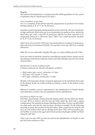 Quality control methods for herbal materials 
82 
Shigella 
The method described below is adapted from the WHO guidelines for the control 
of epidemics due to Shigella dysenteriae type 1. 
Direct inoculation of agar plates 
Use 2 or 3 loopfuls of the herbal materials, preparations or products to be tested. 
Incubate plates at 35–37 °C for 18–24 hours. 
Inoculate a general purpose plating medium of low selectivity and one of moderate 
or high selectivity. MacConkey agar is recommended as a medium of low selectivity. 
MacConkey agar with 1 mcg/ml of potassium tellurite has been reported to be 
particularly useful for S. dysenteriae type 1 (Sd1). Use a small inoculum. Incubate 
at 35–37 °C for 18–24 hours. 
Xylose-lysine-desoxycholate (XLD) agar is recommended as a medium of moderate or 
high selectivity for isolation of Shigella. Desoxycholate citrate agar (DCA) is a suitable 
alternative. 
Note: Do not use salmonella–shigella (SS) agar, as it often inhibits growth of Sd1. 
Each new batch of medium should be controlled for quality before routine use by 
inoculating it with known reference strains and observing their growth and colony 
characteristics. 
Identification of colonies on plating media 
Colonies suspicious for Shigella will appear as follows: 
— MacConkey agar: convex, colourless, 2–3 mm; 
— XLD agar: red, smooth, 1–2 mm; 
— DCA agar: colourless, translucent, 2–3 mm. 
Identify well-separated colonies of typical appearance to be transferred from each 
of the plating media for further testing by making a mark on the bottom of the 
Petri dish. 
Whenever possible a person experienced in the identification of Shigella should 
train laboratory workers who are unfamiliar with its identification. 
Inoculation of Kligler iron agar 
Pick three characteristic colonies from the plating media and inoculate into Kligler 
iron agar (KIA) as follows: stab the butt and then streak the slant with a zigzag 
configuration. Pay attention to proper labelling of the tubes. If screw-cap KIA tubes 
are used, make sure that the caps are loose. Incubate overnight. On the following 
morning, examine the reactions in the KIA tubes. Tubes suspicious for Shigella will 
have an acid (yellow) butt and an alkaline (red) slant. They will not produce gas 
(no bubbles or cracks in the agar) and will not produce hydrogen sulfide (no black 
along the stab line). 
Triple sugar iron agar (TSI) can also be used for the identification of Shigella. It will 
give the same reactions as KIA. 
 