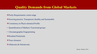 Quality Demands from Global Markets
Purity Requirements:center-stage
Sourcing practice: Transparent,Healthy and Sustainable
Consistency in Phyto-chemical Profile
• Quantification of Markers/ Functional groups
• ChromatographicFingerprinting
Residual Pesticiseds
Trace elements
Aflatoxins & Ochratoxins
(Source: Prakash, 2014)
 