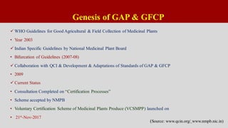 Genesis of GAP & GFCP
 WHO Guidelines for Good Agricultural & Field Collection of Medicinal Plants
• Year 2003
 Indian Specific Guidelines by National Medicinal Plant Board
• Bifurcation of Guidelines (2007-08)
 Collaboration with QCI & Development & Adaptations of Standards of GAP & GFCP
• 2009
 Current Status
• Consultation Completed on “Certification Processes”
• Scheme accepted by NMPB
• Voluntary Certification Scheme of Medicinal Plants Produce (VCSMPP) launched on
• 21st-Nov-2017
(Source: www.qcin.org/ www.nmpb.nic.in)
 