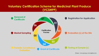 Voluntary Certification Scheme for Medicinal Plant Produce
(VCSMPP)
Renewal of
Certificate
Market Sampling
Periodic Surveillance
Evaluation
Grant of Certificate
Registration for Application
Evaluation (s) at the Site
Testing of Sample (s)
05
06
07
01
02
03
04
Certification
Process
(Source: www.qcin.org/ www.nmpb.nic.in)
 