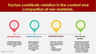 Factors contribute variation in the content and
composition of raw materials.
HEADING
Prevailing temperature,
rainfall, humidity, daylight
& altitude of the growing
region.
Climatic factors
HEADING
Several soil factors
like availability of
micro & macro
nutrients, pH & CeC,
are important for
optimal growth of
plants.
Nutritional factors
HEADING
Control the content of
active components by
giving attention to the
 Age,
 Season,
 Collection time &
 The plant organ
Collection factors Post-harvest
factorsHEADING
The enzymatic processes
continue after collection
until they are deactivated
by drying or other suitable
treatment, as the collected
material is still live and
carries out metabolic
processes and respires.(Source: Liu et al., 2015)
 