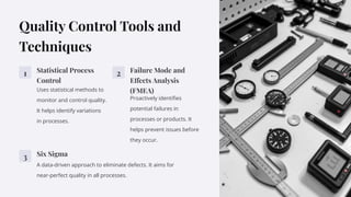 Quality Control Tools and
Techniques
1 Statistical Process
Control
Uses statistical methods to
monitor and control quality.
It helps identify variations
in processes.
2 Failure Mode and
Effects Analysis
(FMEA)
Proactively identiﬁes
potential failures in
processes or products. It
helps prevent issues before
they occur.
3 Six Sigma
A data-driven approach to eliminate defects. It aims for
near-perfect quality in all processes.
 