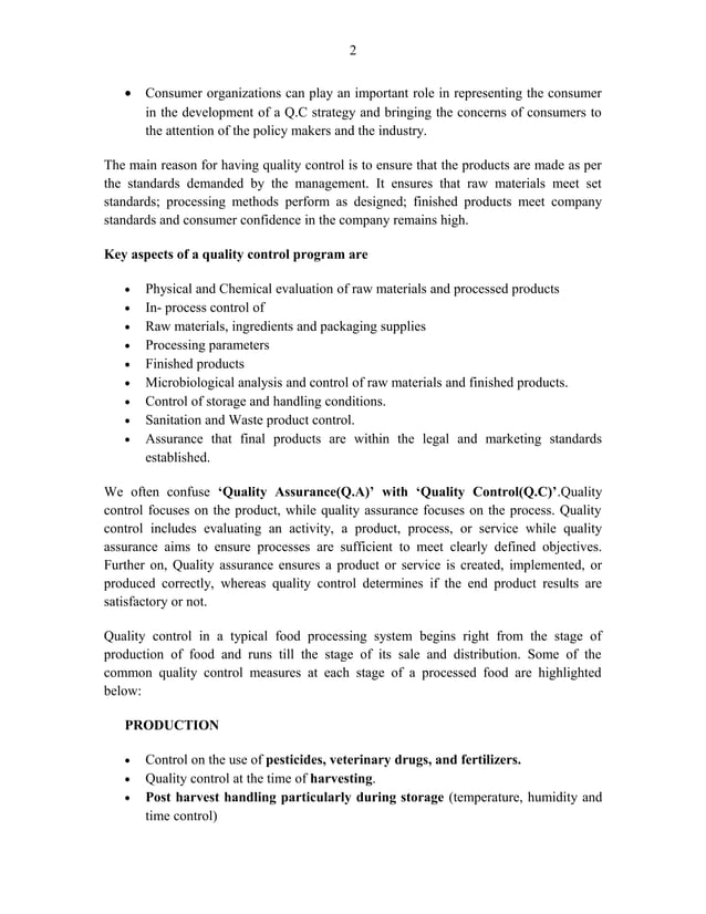 Quality control practices in food processing