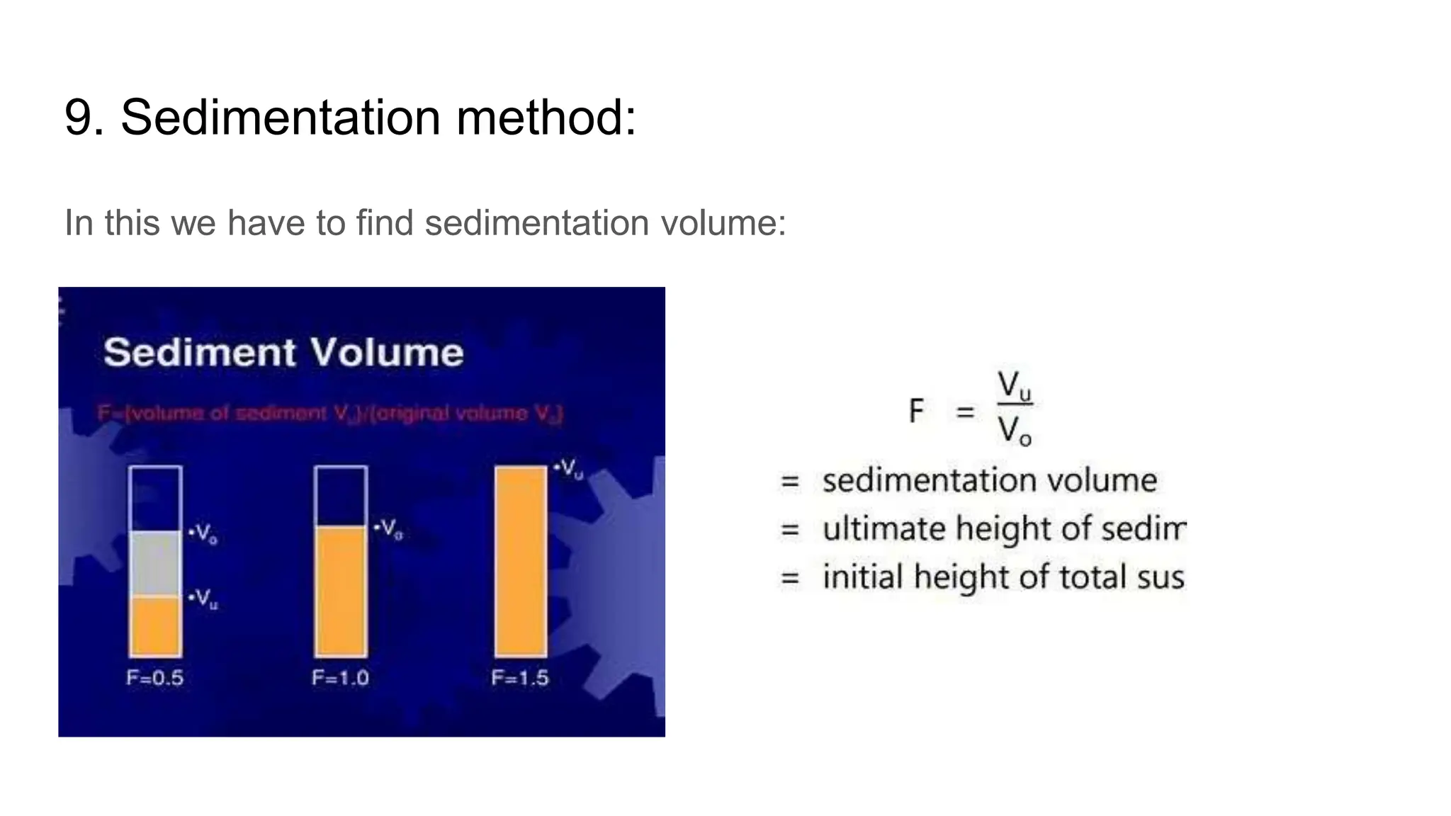 9. Sedimentation method:
In this we have to find sedimentation volume:
 