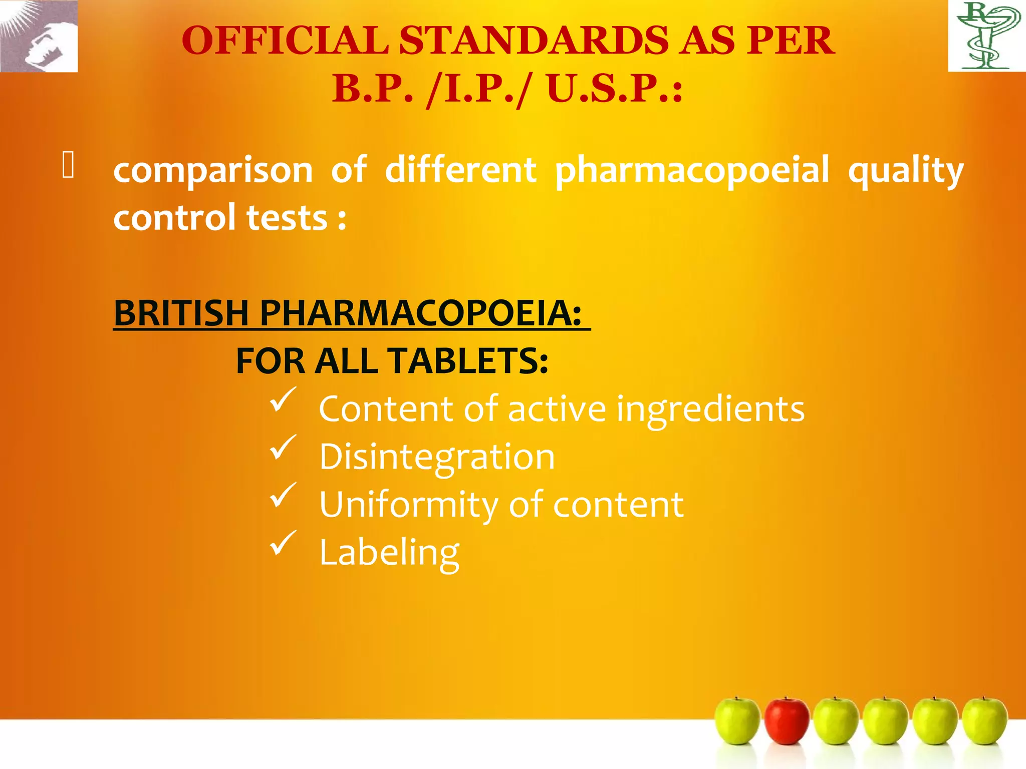 OFFICIAL STANDARDS AS PER
            B.P. /I.P./ U.S.P.:
 comparison of different pharmacopoeial quality
  control tests :

  BRITISH PHARMACOPOEIA:
        FOR ALL TABLETS:
           Content of active ingredients
           Disintegration
           Uniformity of content
           Labeling
 