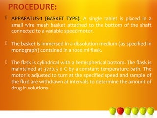 PROCEDURE:
 APPARATUS-1 (BASKET TYPE): A single tablet is placed in a
  small wire mesh basket attached to the bottom of the shaft
  connected to a variable speed motor.

 The basket is immersed in a dissolution medium (as specified in
  monograph) contained in a 1000 ml flask.

 The flask is cylindrical with a hemispherical bottom. The flask is
  maintained at 37±0.5 0 C by a constant temperature bath. The
  motor is adjusted to turn at the specified speed and sample of
  the fluid are withdrawn at intervals to determine the amount of
  drug in solutions.
 