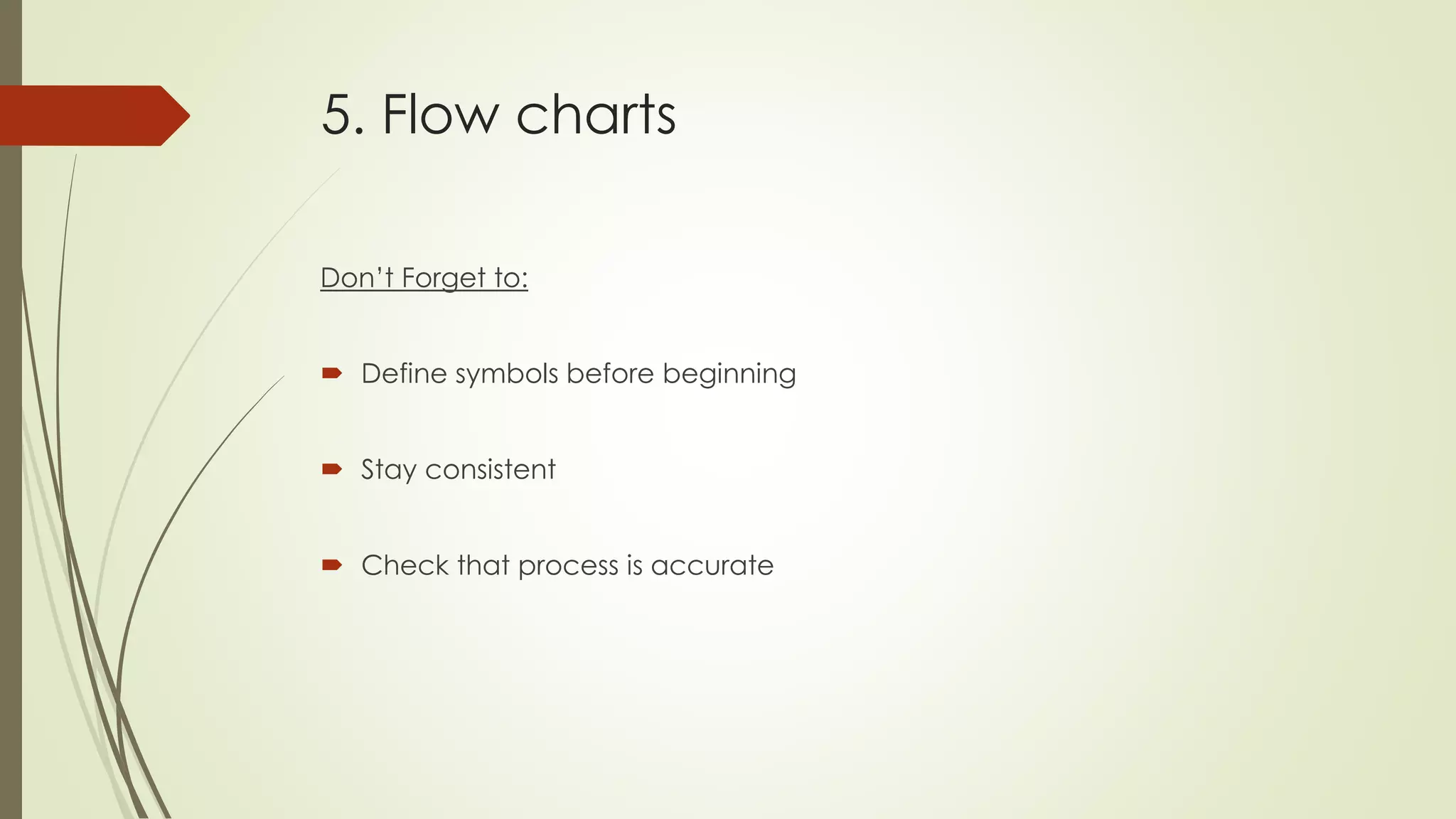 5. Flow charts
Don’t Forget to:
 Define symbols before beginning
 Stay consistent
 Check that process is accurate
 
